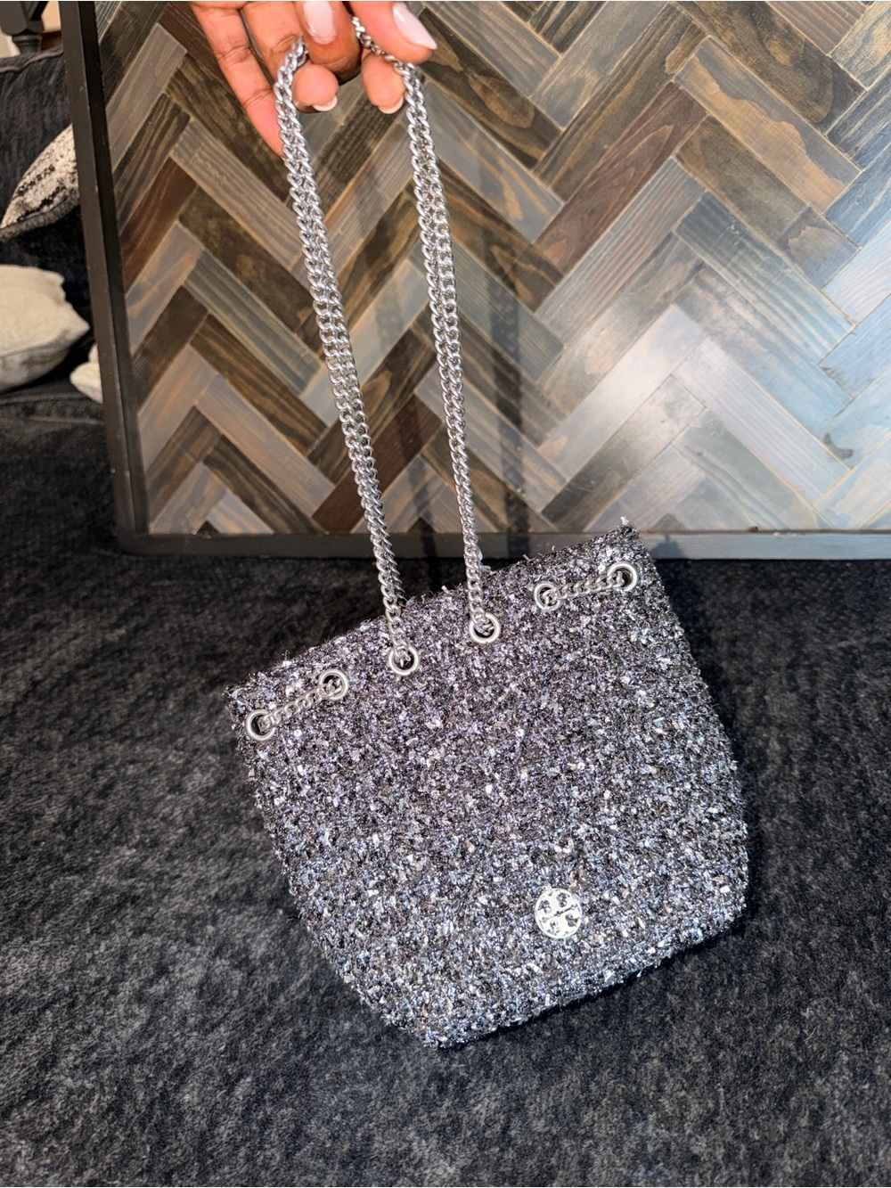 NWT Tory Burch Silver Tweed Chain Shoulder Bag